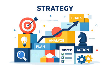 Vibrant strategy concept with goals, action, and success elements