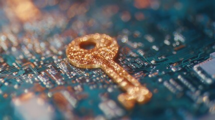 Digital key on a circuit board representing technology and security systems