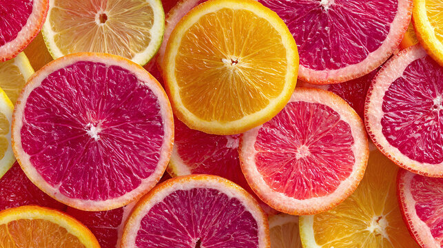 A vibrant close-up of citrus fruit slices showcases their juicy textures and colors, ranging from sunny yellow to deep red.