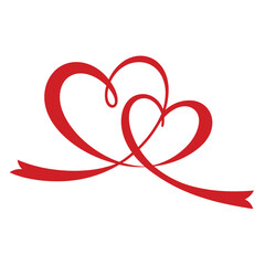 Intertwined red hearts with ribbon on white background