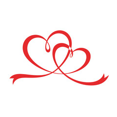 Two intertwined red hearts on white background romantic symbol