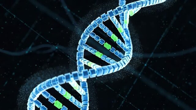 3D Rendered DNA Helix Structure with Blue and Green Highlights Isolated on Transparent Background