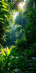 Sunlit clearing in a dense jungle, vibrant green foliage and a sense of discovery,  nature,  secluded