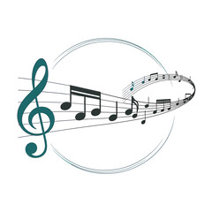 Green treble clef and musical notes on a white background