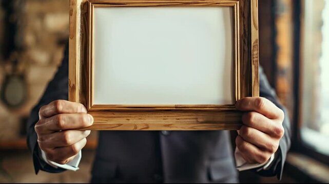 Man in suit holding an empty vintage picture frame as a conceptual portrait.