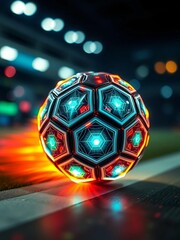 Futuristic soccer ball with glowing geometric patterns, dynamic motion blur,  pattern,  sleek