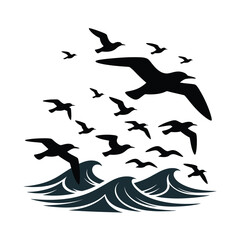 Seagulls flying over ocean waves in black silhouette on white background