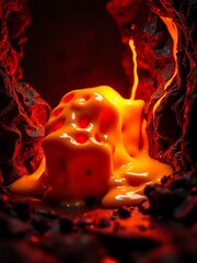 A molten cheese cascade, a lava flow in miniature, against an abyss Pure indulgence's molten core,  food,  moody