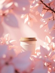 Ethereal pastel foliage frames a moment of mindful connection with a reusable cup, a whisper of a greener tomorrow,  reuse,  net zero