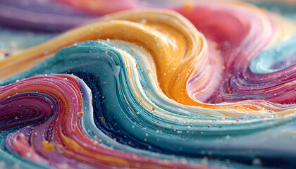 Vibrant abstract art displays fluid waves of bright colors. Blue, pink, orange, red hues swirl smoothly together like dynamic current. Pastel forms create artistic liquid movement. Glossy surface