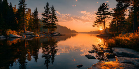 Scenic lake and forest scene at sunset, suitable as a tranquil background for text and layout