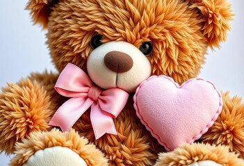 Adorable brown teddy bear with matching plush heart & bow, plush, brown