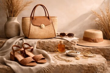 A stylish collection of summer accessories on a stone surface