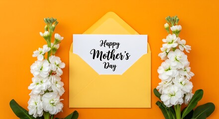 Happy mother's day card in a yellow envelope with white flowers on a vibrant orange background.