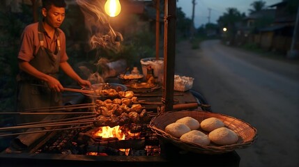 Close-up of satay skewers grilling over hot charcoal at a street food stall. Represents traditional Asian barbecue, street cuisine, and authentic cooking methods.