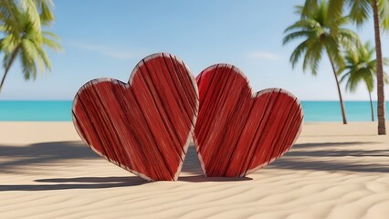 Happy valentines day beach scene with heart shaped cactus on sandy shore