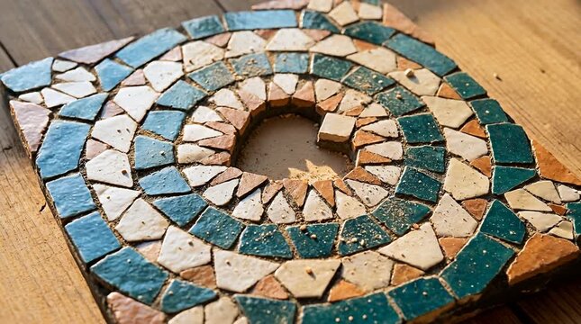 Moroccan zellige mosaic tile close up with radial geometric layout and heart shaped center void, teal cream terracotta glazed tiles