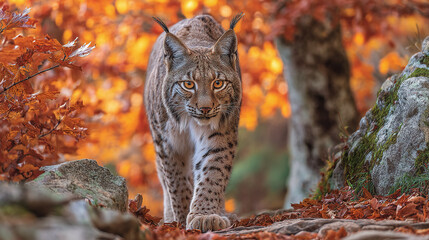 Lynx strides with purpose through the autumn landscape, its amber eyes alert, fur blending seamlessly with the fall colors, nature's predator on the prowl.