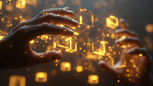 A pair of hands made from a mesh of lines manipulate glowing cubes in a futuristic digital world, illuminated by golden particles. - Powered by Adobe