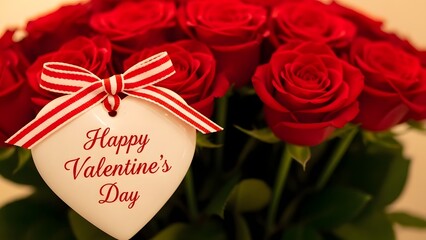 Happy valentines day bouquet of red roses with heart shaped tag