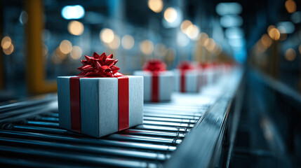 Festive gifts on a conveyor belt, neatly adorned with red ribbons, ready to bring joy. The automated process adds a modern touch.