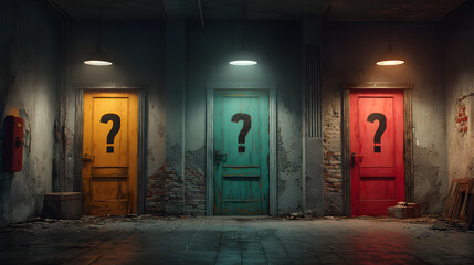 Three distinct colored doors marked with question symbols suggest difficult choices ahead in a dimly lit hallway