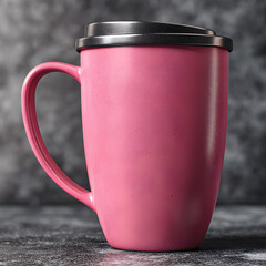 Pink Travel Mug with Handle on Dark Background