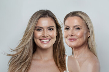 Glorious young model woman and mature woman. Two female faces collage set. Old and young face