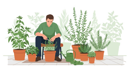 Man Pruning Potted Herbs A Serene Indoor Gardening Scene With A Gentle Touch
