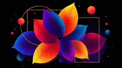 A vibrant burst of colorful leaves, illuminated against a dark canvas, surrounded by geometric shapes and glowing spheres. Modern, nature.