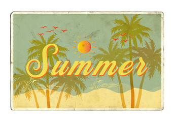 Tropical beach summer holiday background with palm tree silhouettes at sunset over a paradise island ocean illustration