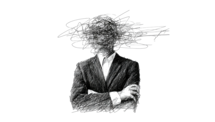 Monochrome portrait of a person in a suit, face obscured by scribbled lines, arms crossed