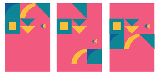 Vibrant Geometric Social Media Story Templates Set &ndash; Bold Teal Yellow Pink Abstract Shapes and Arrows on Magenta Background, for  Posts Social Media Stories and Posts, geometric banners.