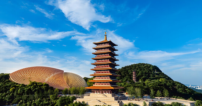 Nanjing Buddhist Temple with Pagoda and Modern Architecture in Mountain Landscape