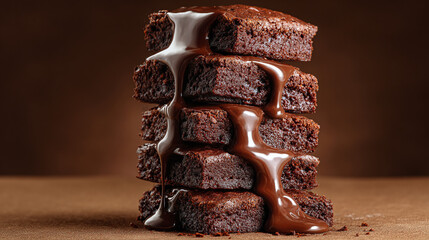 A tempting stack of fudgy brownies drizzled with rich, melted chocolate, a classic decadent treat perfect for satisfying your sweet cravings.