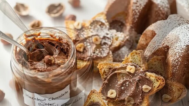 Assorted pastries with chocolate hazelnut spread and nut-topped slices on a rustic wooden table.