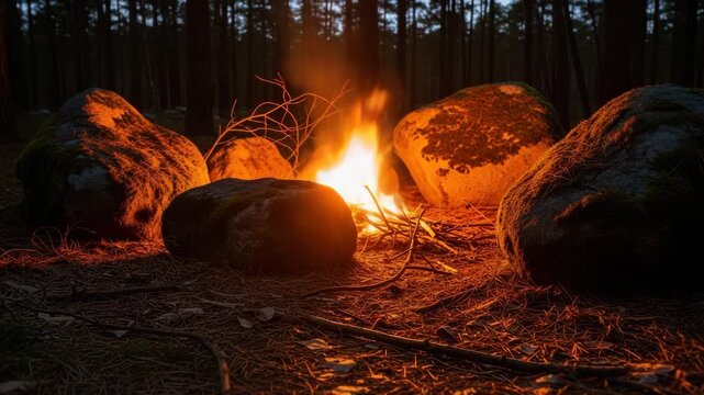 Forest Bonfire: Warm Campfire Ringed by Large Stones in a Dark, Peaceful Pine Forest at Night.