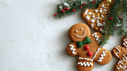 A festive display of smiling gingerbread cookies, evergreens and red berries on a white textured background, captures the holiday spirit.