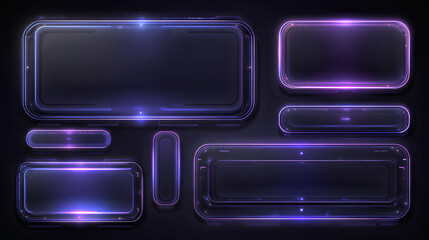 Liquid glass button interface, light frame banner set, glass panel set for mobile and web app, tech board frame in futuristic style. Light banner collection with glow effect, vector illustration.