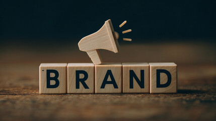 Wooden blocks spell 'brand' with a wooden megaphone, showing the importance of business marketing. The set up is on a wooden surface.