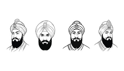 Illustrations of sikh men with turbans and beards in various styles