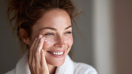 Radiant woman in a white robe, applying skincare cream to her face with a joyful expression, highlighting her youthful appearance.