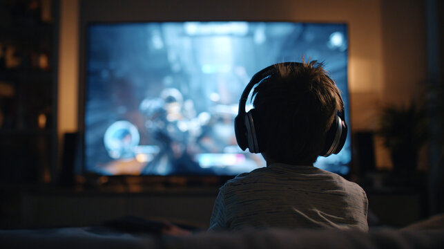 A young gamer immersed in an exciting video game, illuminated by the soft glow of the screen in a dimly lit room, headphones on, focused.