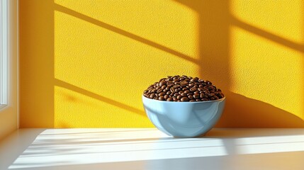 Coffee beans in bowl, sunlit windowsill, yellow wall, morning freshness, food/drink