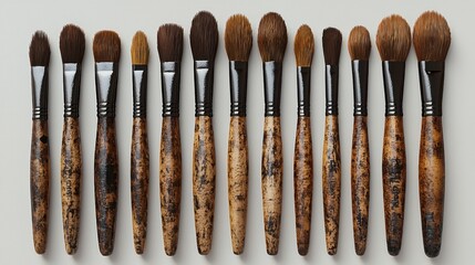 Artist paintbrushes collection, arranged on grey background, studio shot, for art supplies websites