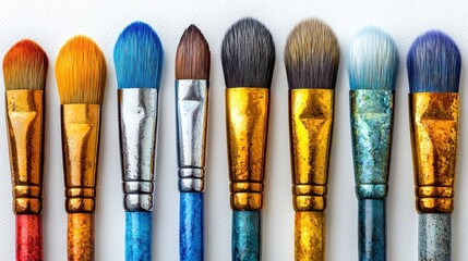 Colorful paintbrushes arranged on white background, art supplies, close-up view