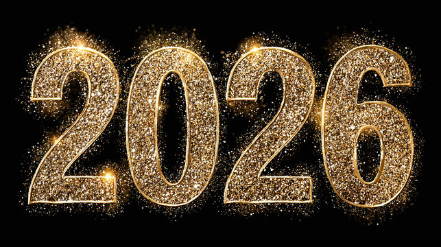 The year 2026 shimmers with possibility, depicted in a dazzling gold glitter against a stark black background, promising new beginnings.