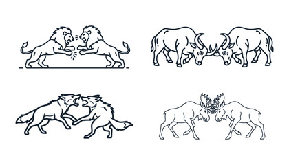 Animals fighting and interacting in various scenes