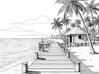 Black and White Tropical Beach Sketch with Palm Trees and Wooden Pier