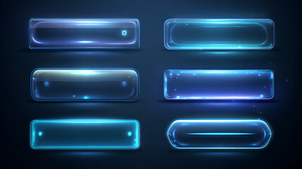Liquid glass button interface, light frame banner set, glass panel set for mobile and web app, tech board frame in futuristic style. Light banner collection with glow effect, vector illustration